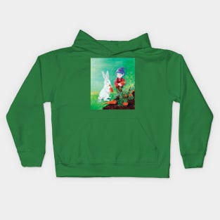 Rabbit Eating Carrot and a Gnome with Purple Hat Illustration Kids Hoodie